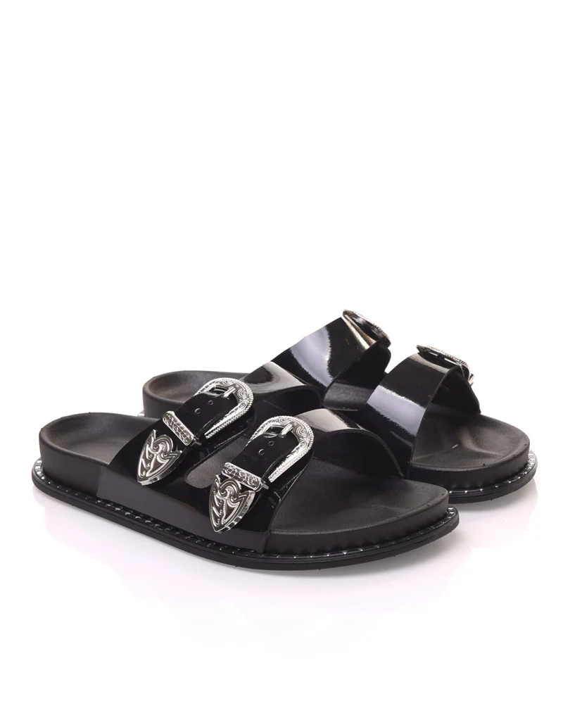 Mules noires à boucles argent