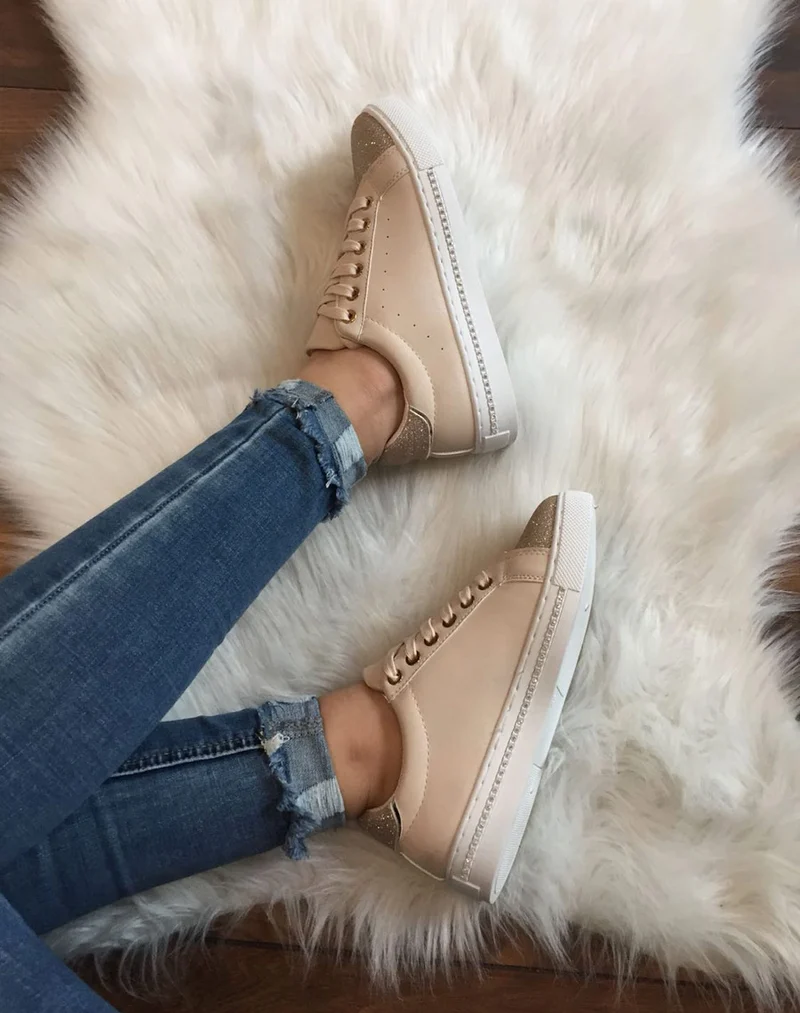 Sneakers bi matières abricot pailletés