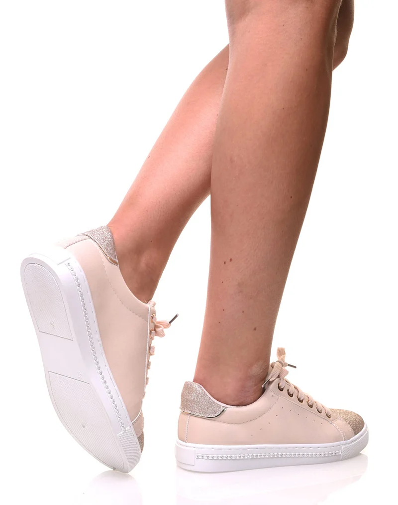 Sneakers bi matières abricot pailletés