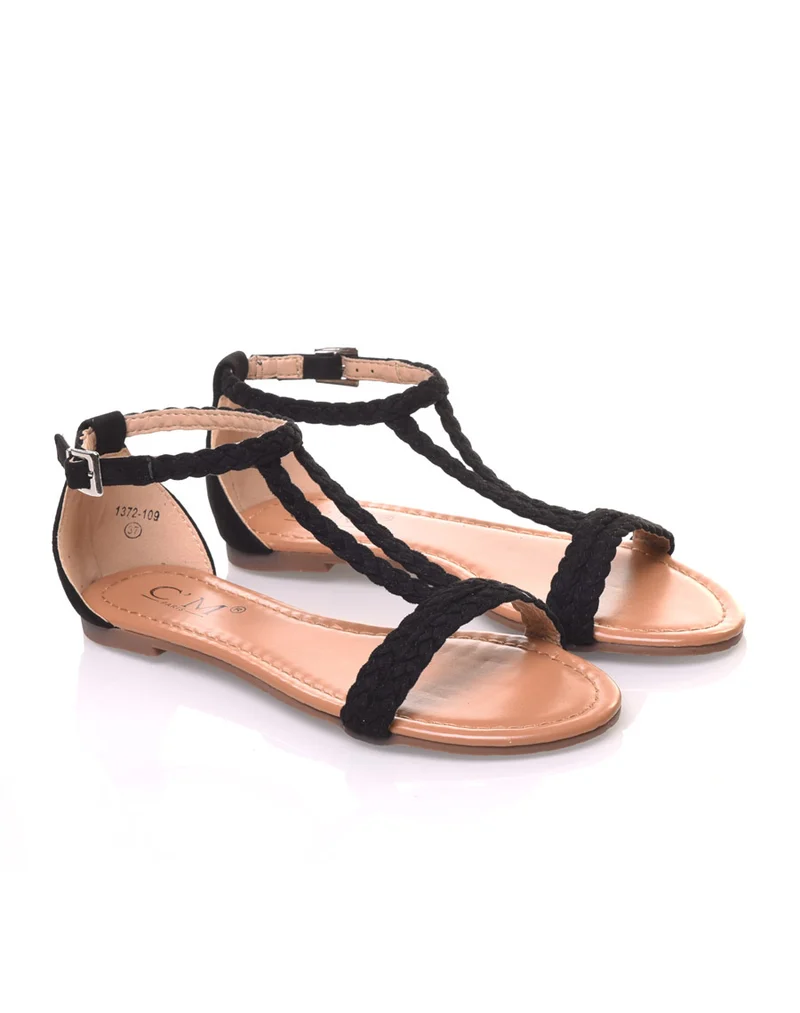 Nu-pieds noirs en tissus tressé
