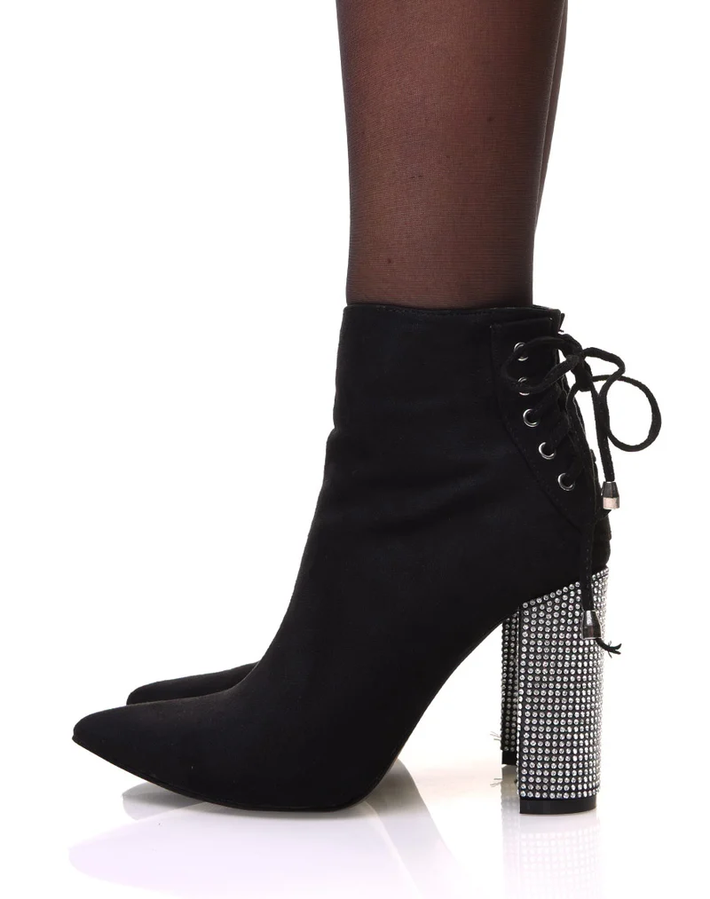 Bottines noires en suédine à talon à strass