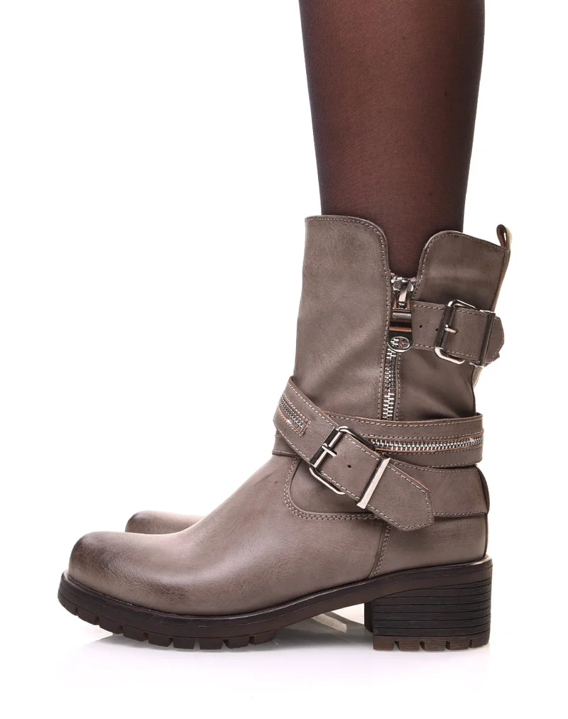 Bottines taupes à sangles multiples & détails zippés