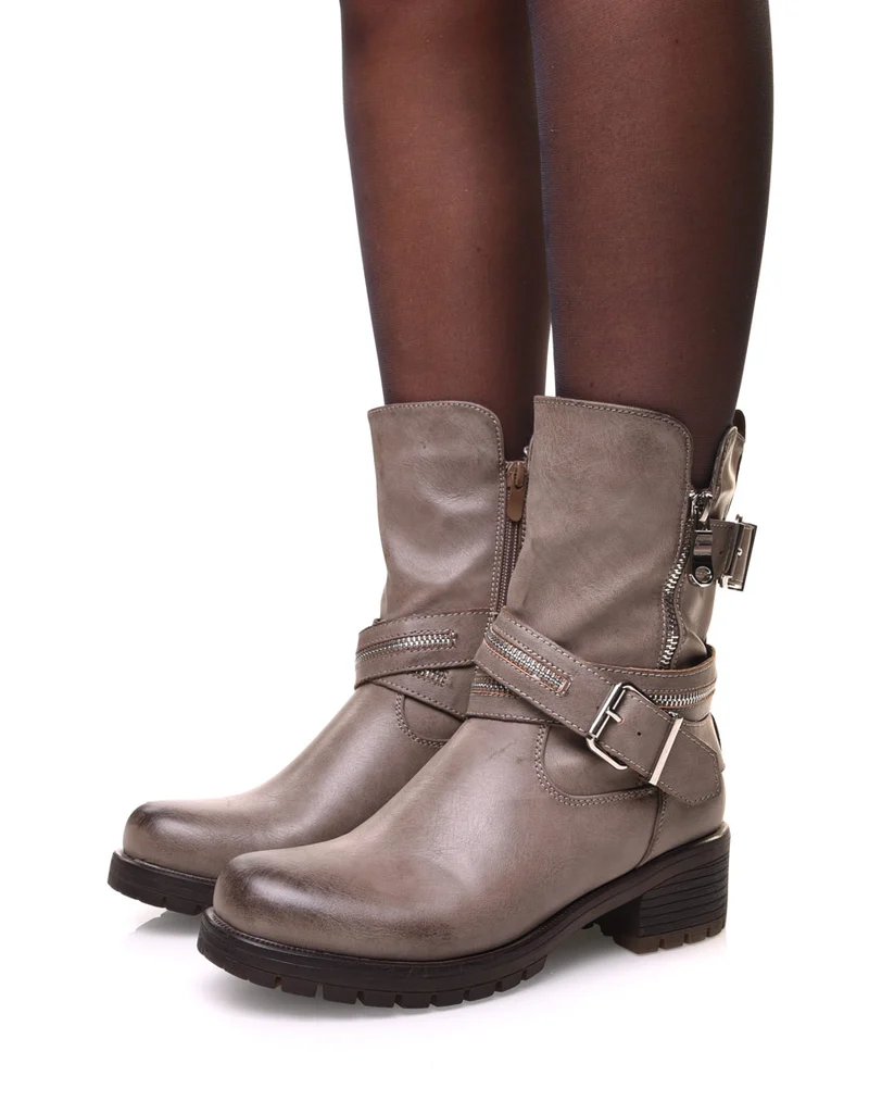 Bottines taupes à sangles multiples & détails zippés