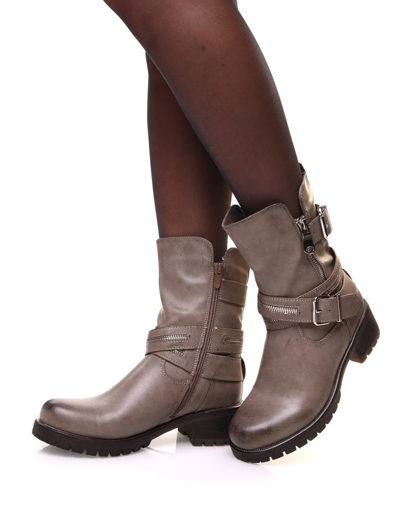 Bottines taupes à sangles multiples & détails zippés