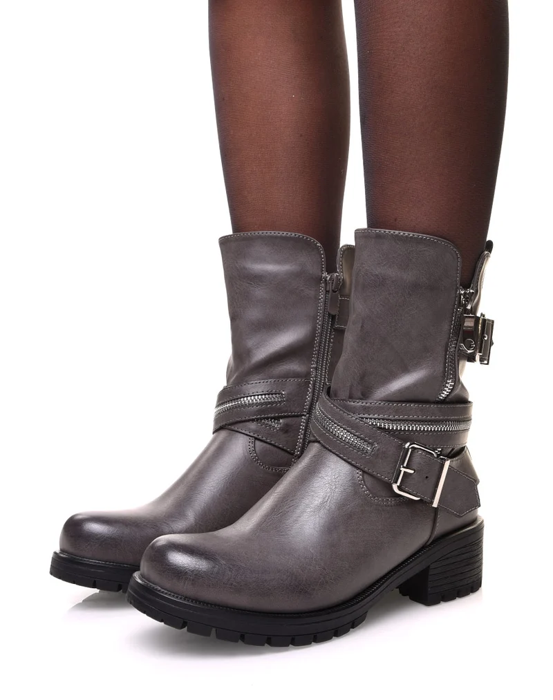Bottines grises à sangles multiples & détails zippés