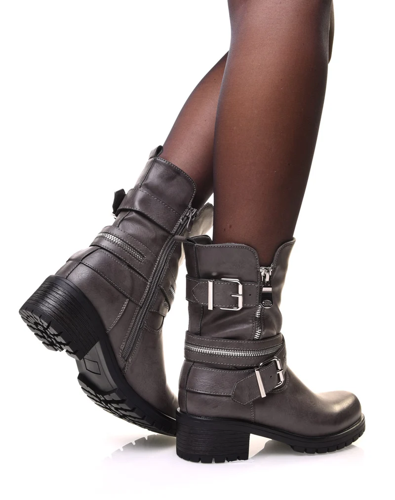 Bottines grises à sangles multiples & détails zippés