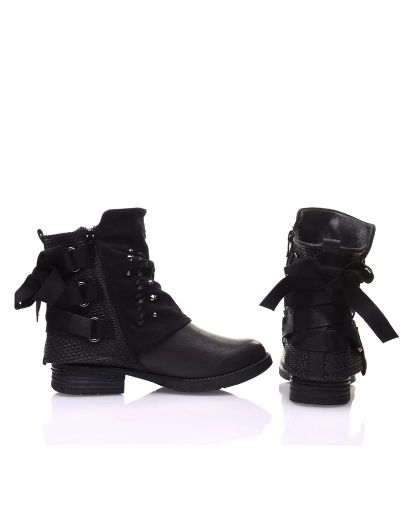 Bottines noires à empiècements bi-matières et noeud
