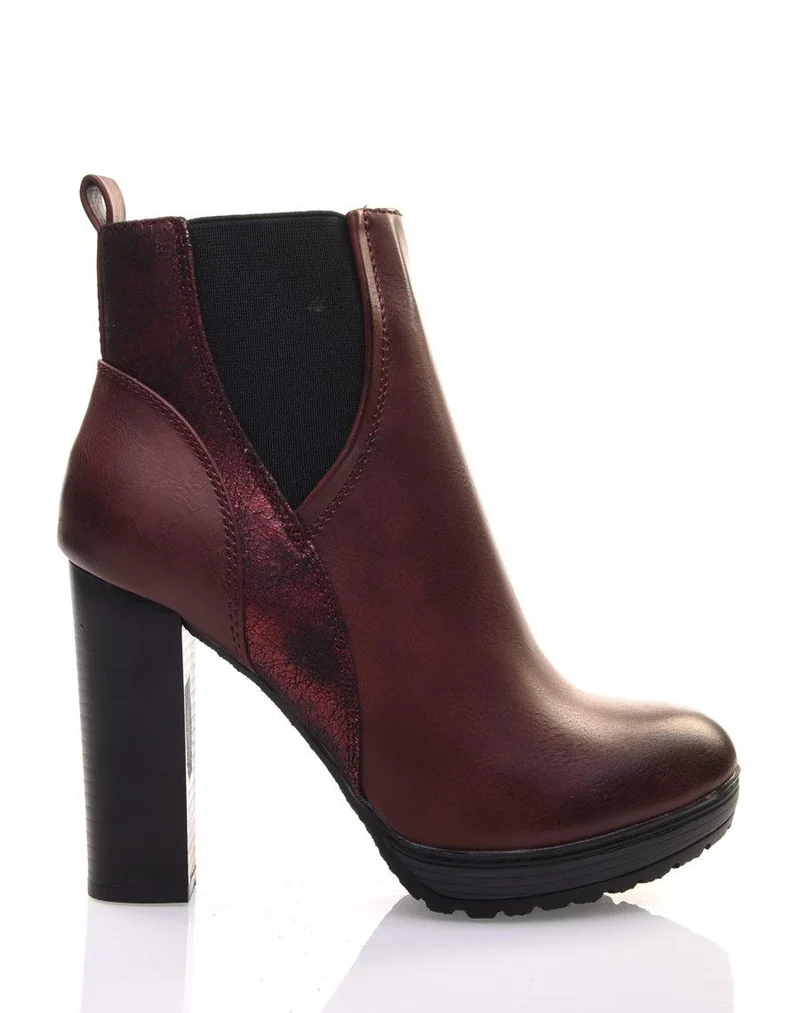 Bottines bordeaux à talons hauts bi matières