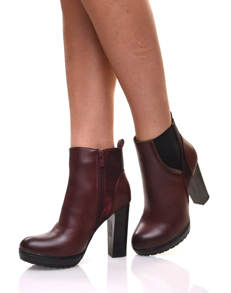 Bottines bordeaux à talons hauts bi matières