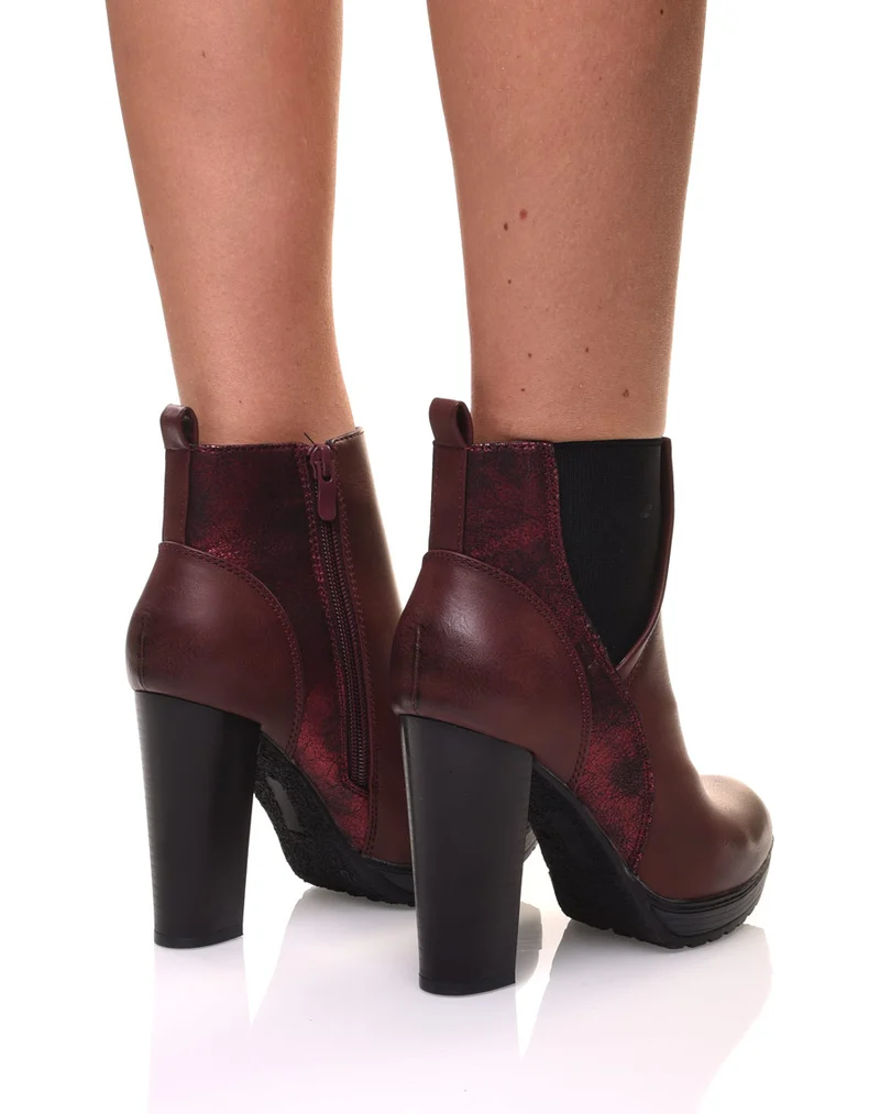Bottines bordeaux à talons hauts bi matières