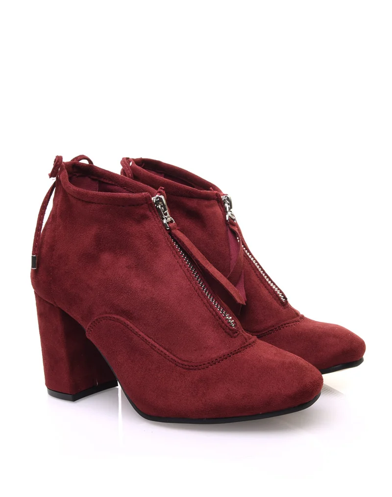 Bottines souples en suédine bordeaux à talons hauts