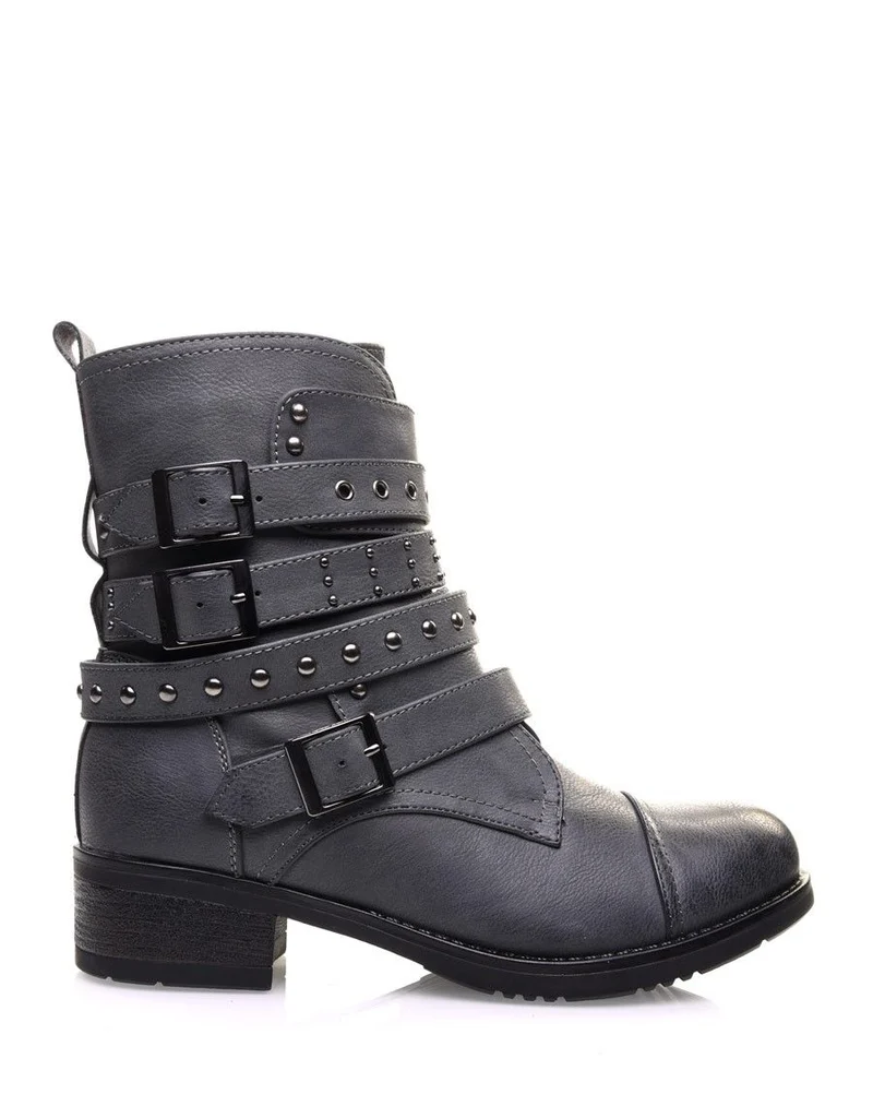 Bottines montantes grises à multiples brides