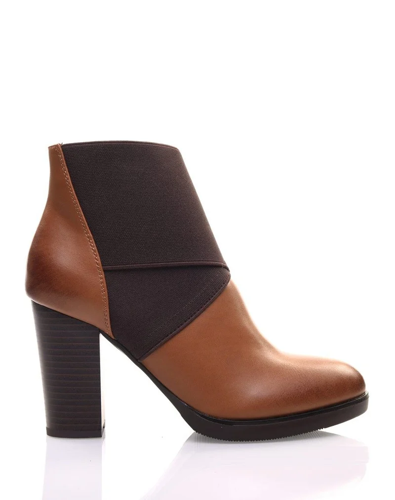 Bottines camel à talons bi matières
