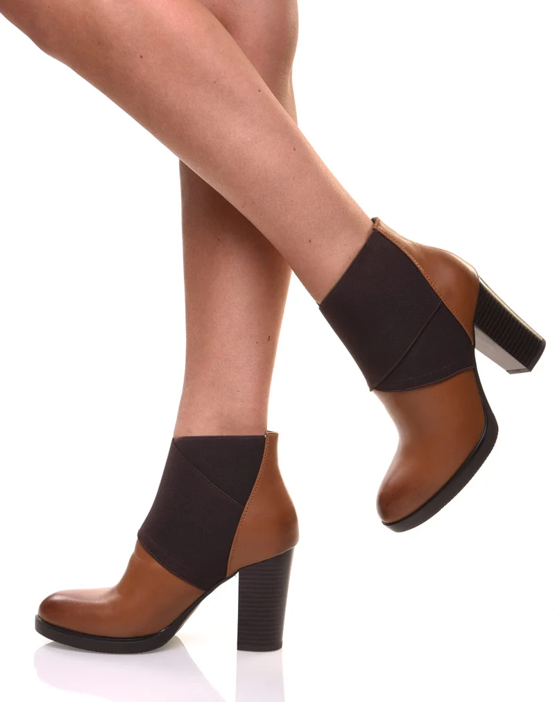 Bottines camel à talons bi matières