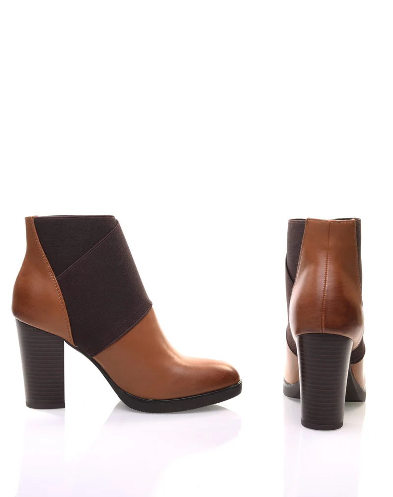 Bottines camel à talons bi matières