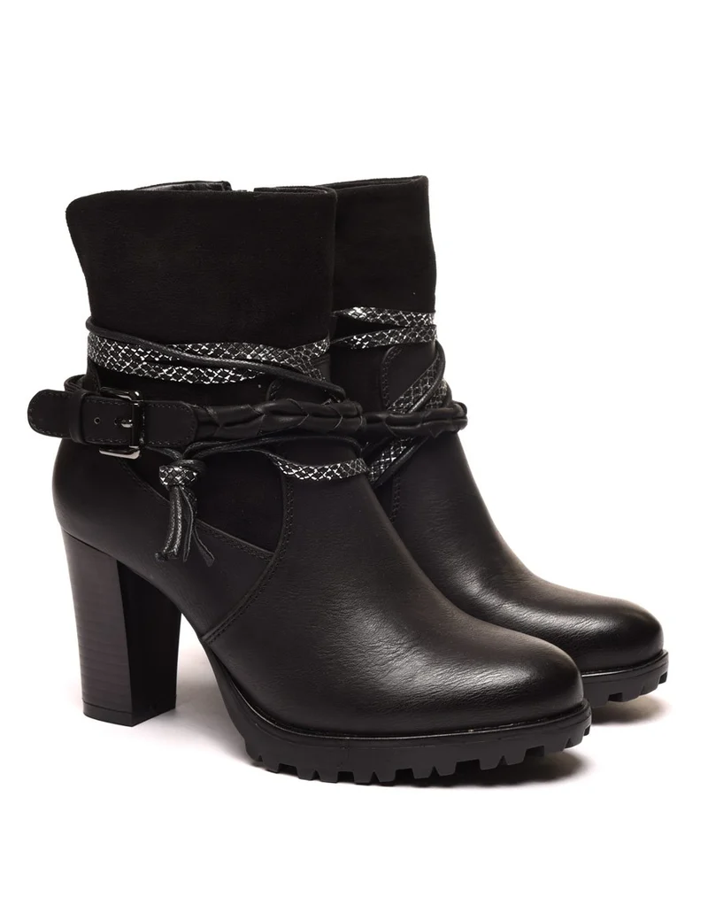Bottines noires bi matières à talons et lanières multiples