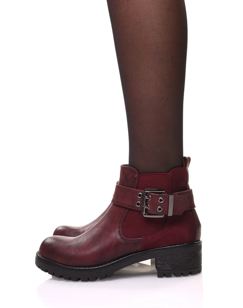 Bottines bi-matières bordeaux à semelle crantée