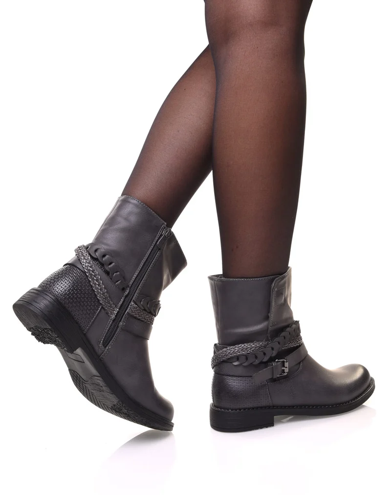 Bottines motardes grises à lanières tressées