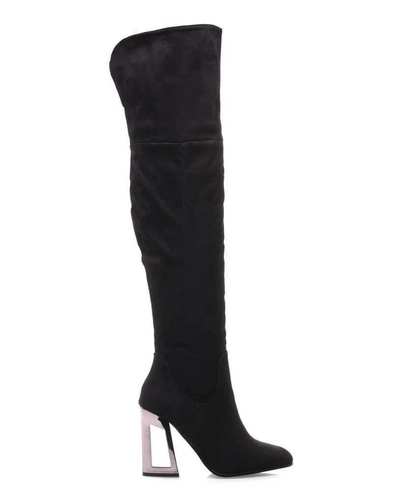 Cuissardes noires à talons graphiques métallisés