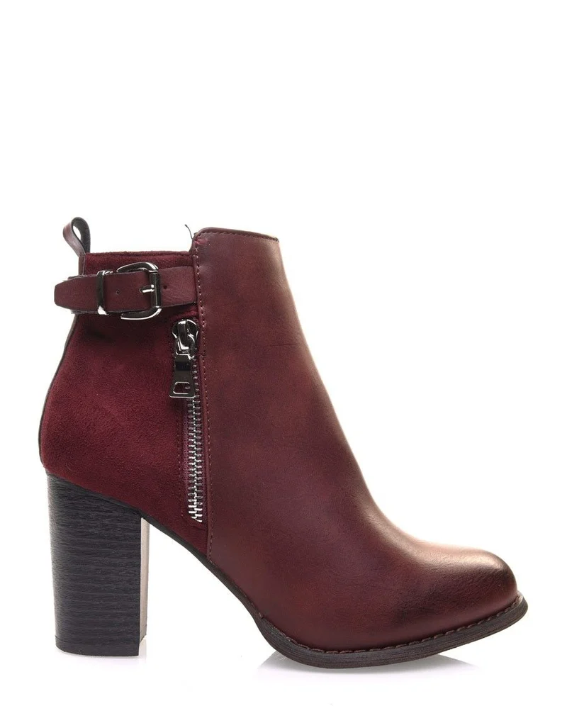 Bottines à talons bordeaux bi matières avec sangle
