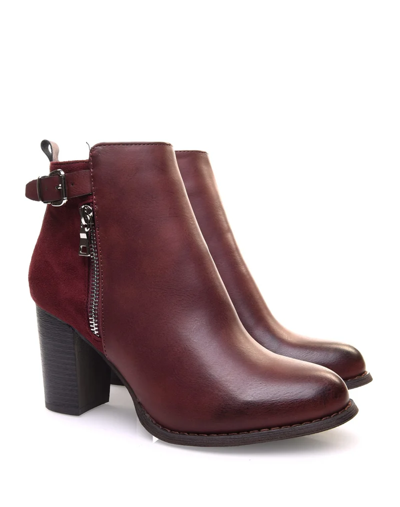 Bottines à talons bordeaux bi matières avec sangle