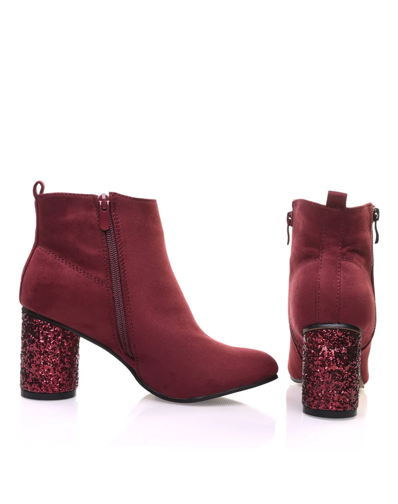 Bottines bordeaux à talons ronds et pailletés
