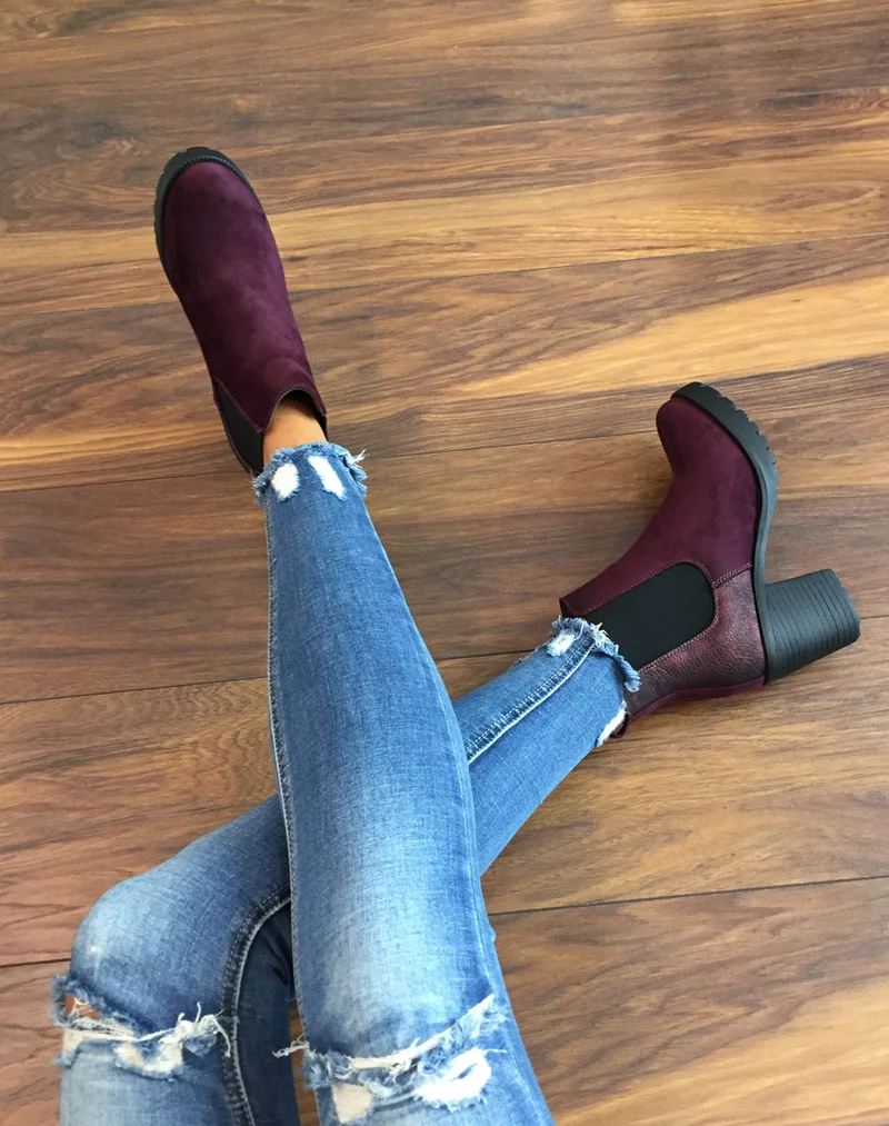 Bottines bordeaux mi hautes bi-matières