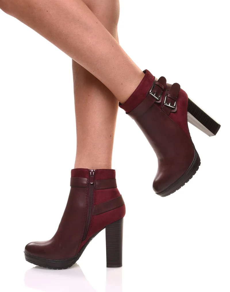 Bottines bordeaux à talons bi-matières
