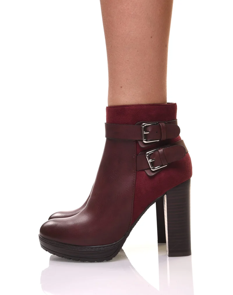 Bottines bordeaux à talons bi-matières