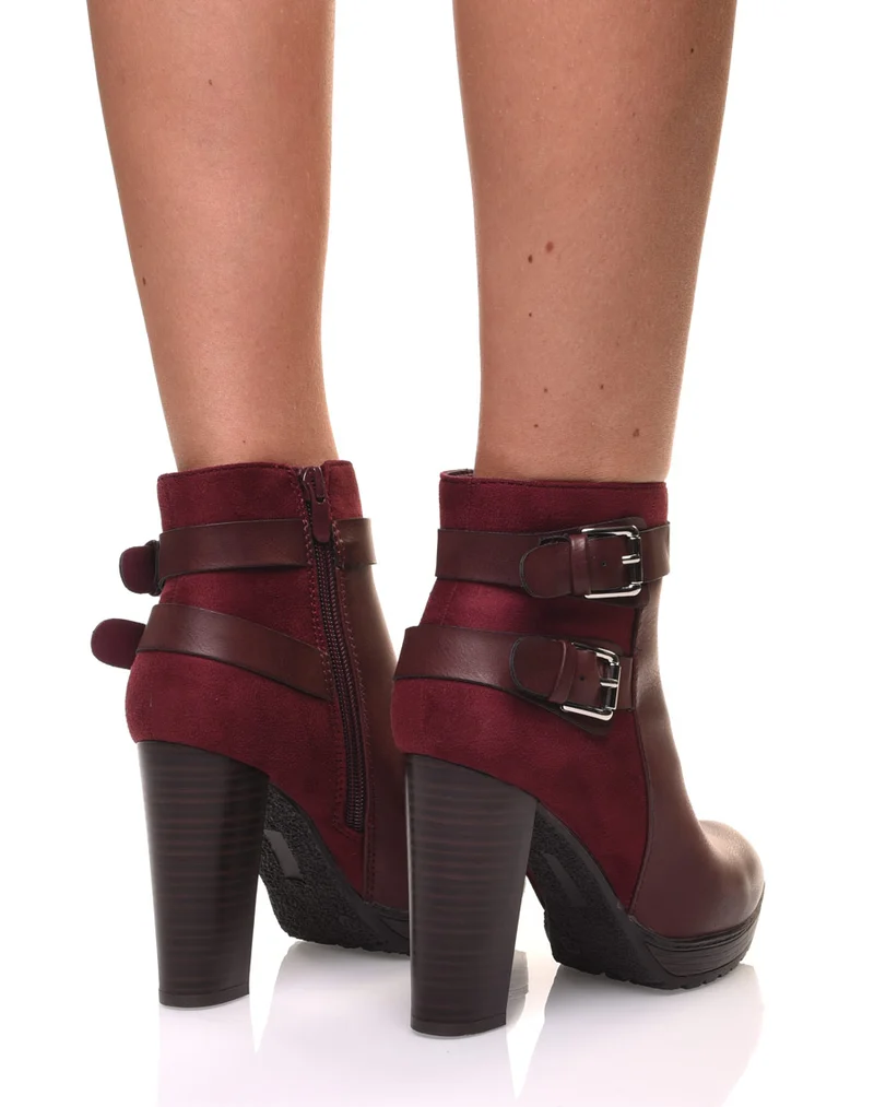 Bottines bordeaux à talons bi-matières