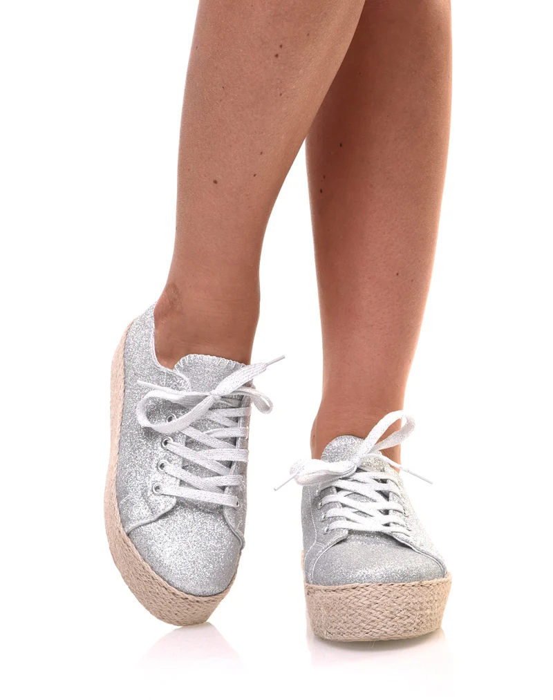 Espadrilles pailletées compensées argentées