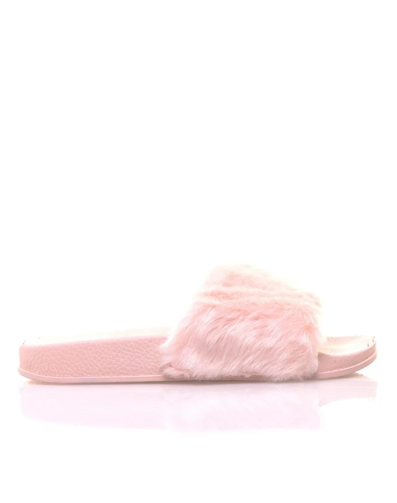 Mules roses en fausse fourrure