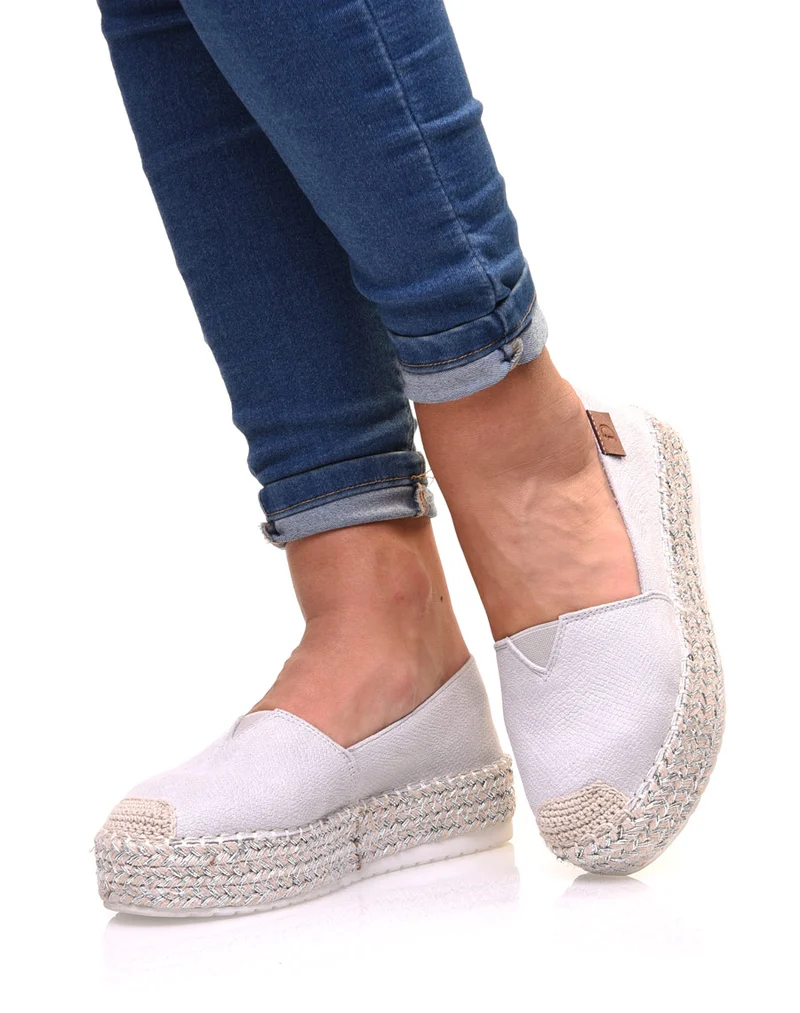 Espadrilles grises compensées à semelle tressée argentée
