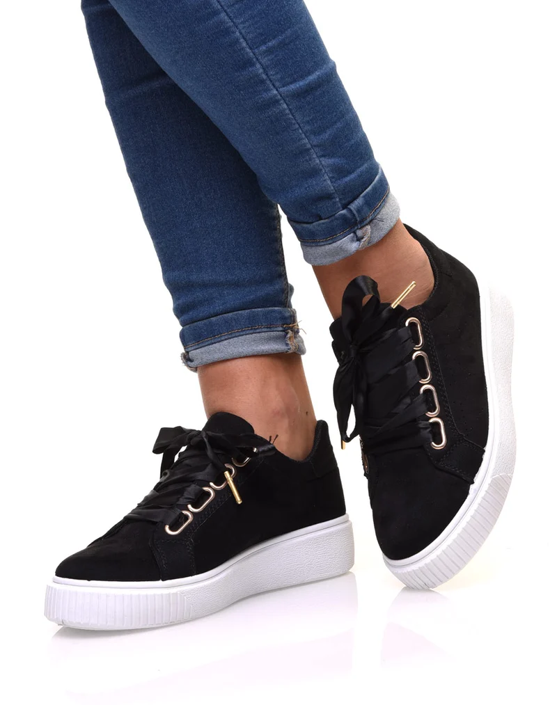 Baskets noires compensées en suédine