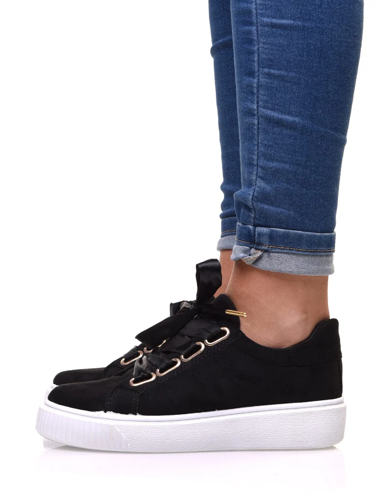 Baskets noires compensées en suédine