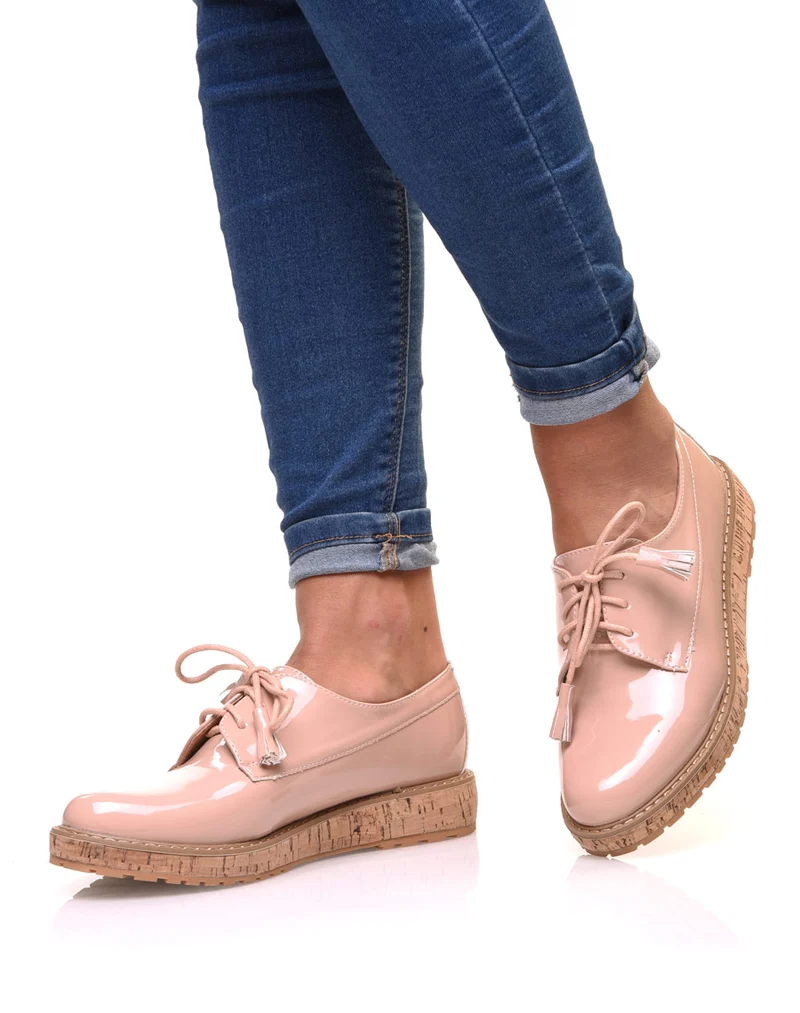 Derbies roses vernies à talon compensé