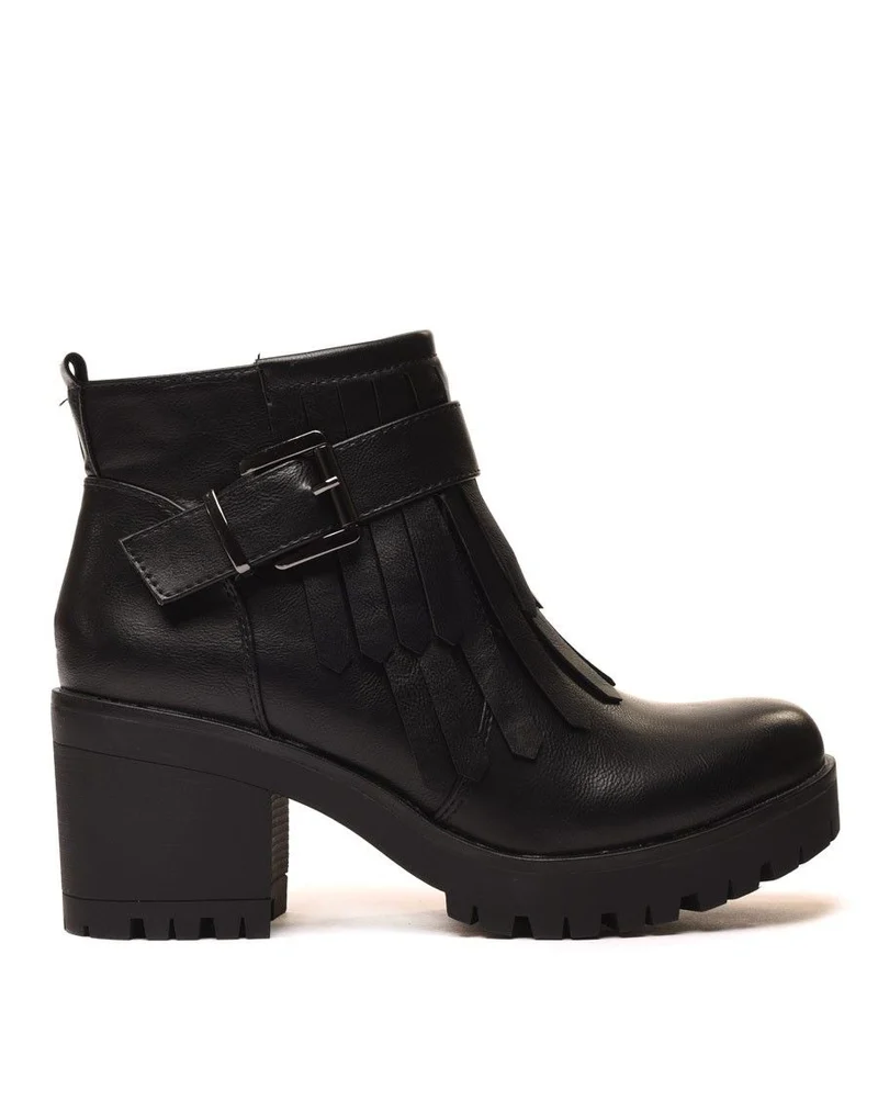 Bottines noires à franges à talons mi hauts