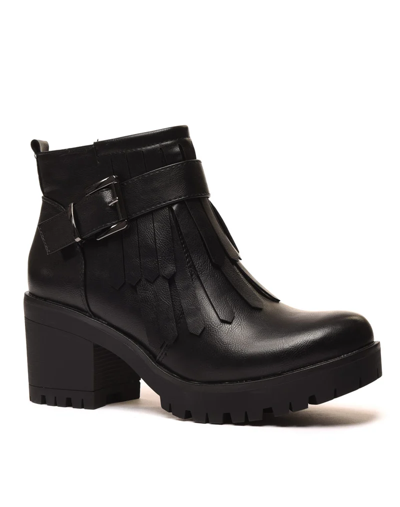 Bottines noires à franges à talons mi hauts