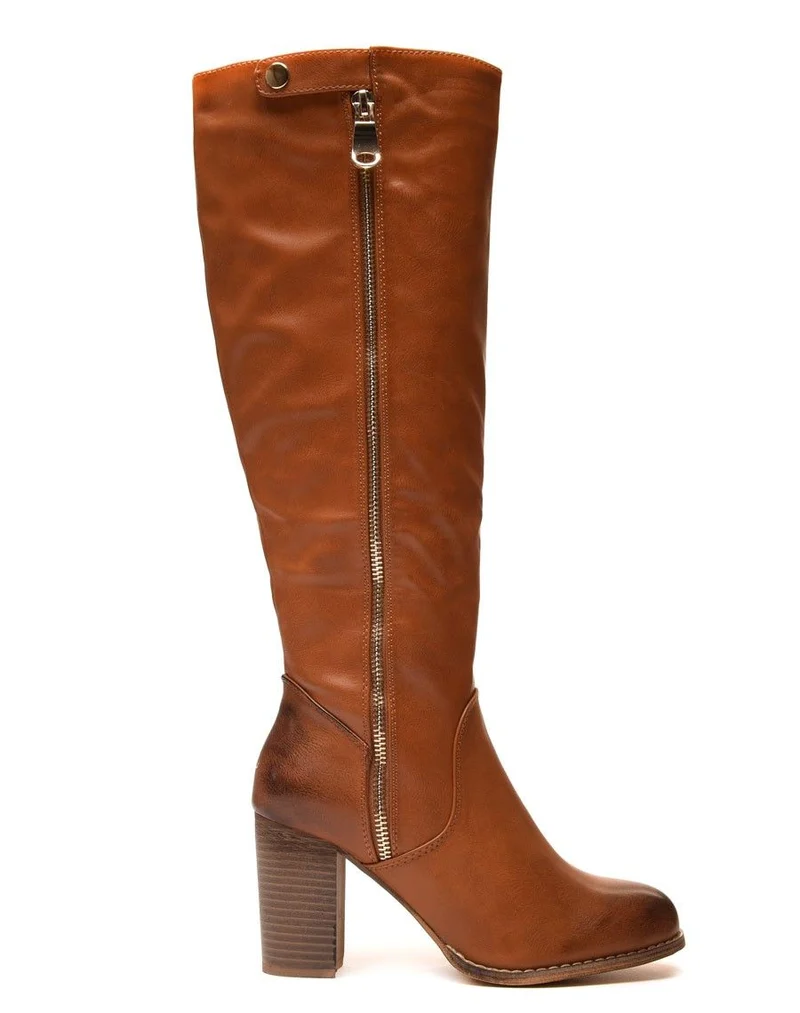 Bottes à talons camelles avec fermeture éclair décorative