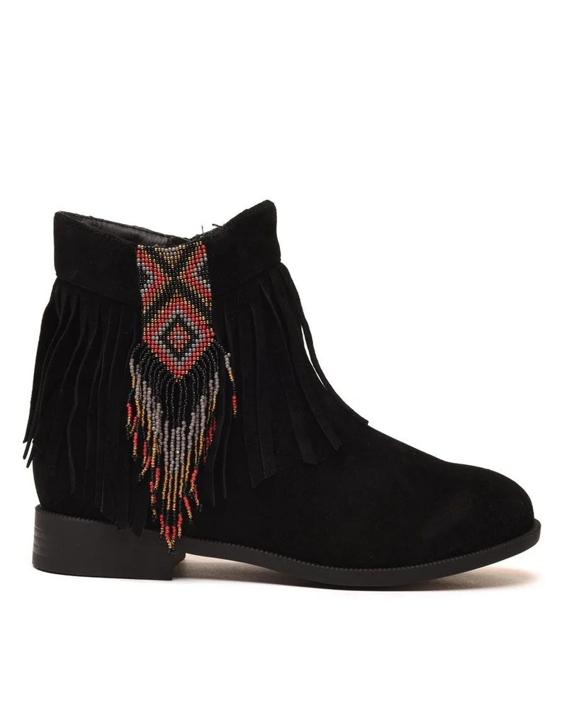 Bottines noires à franges et perles