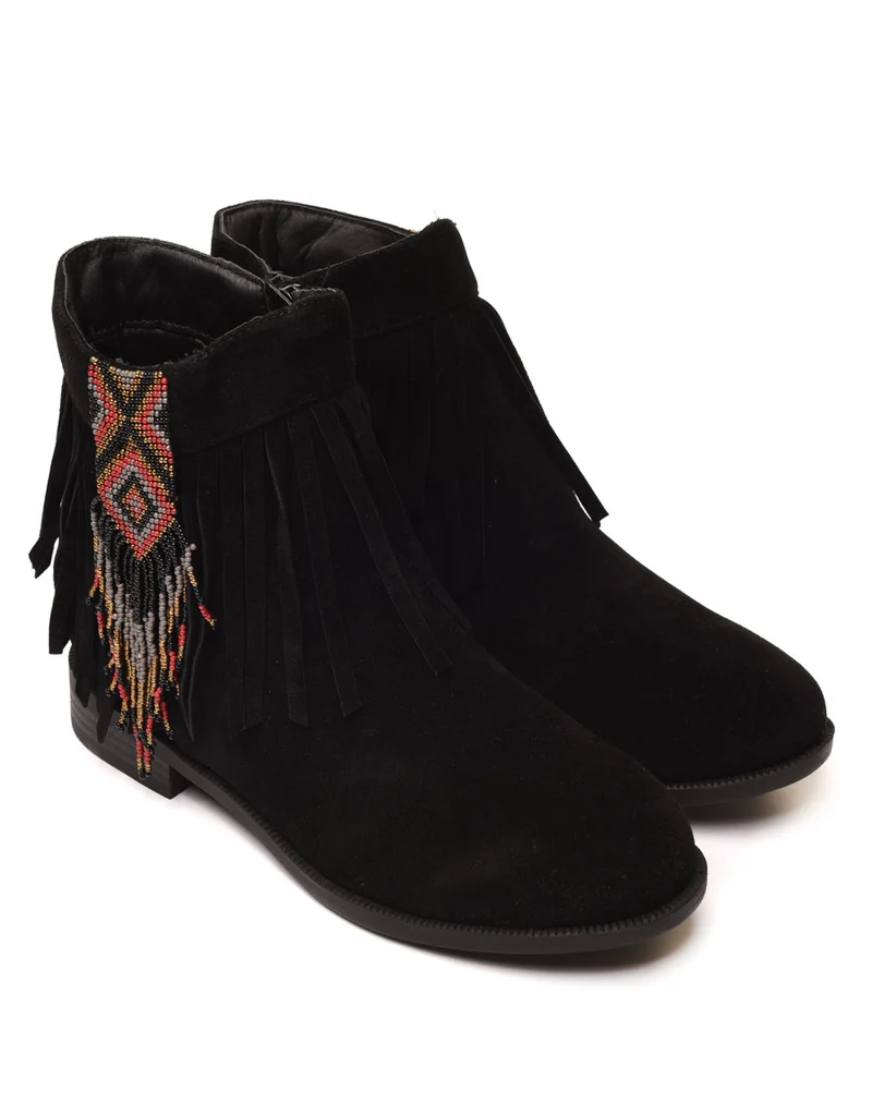 Bottines noires à franges et perles