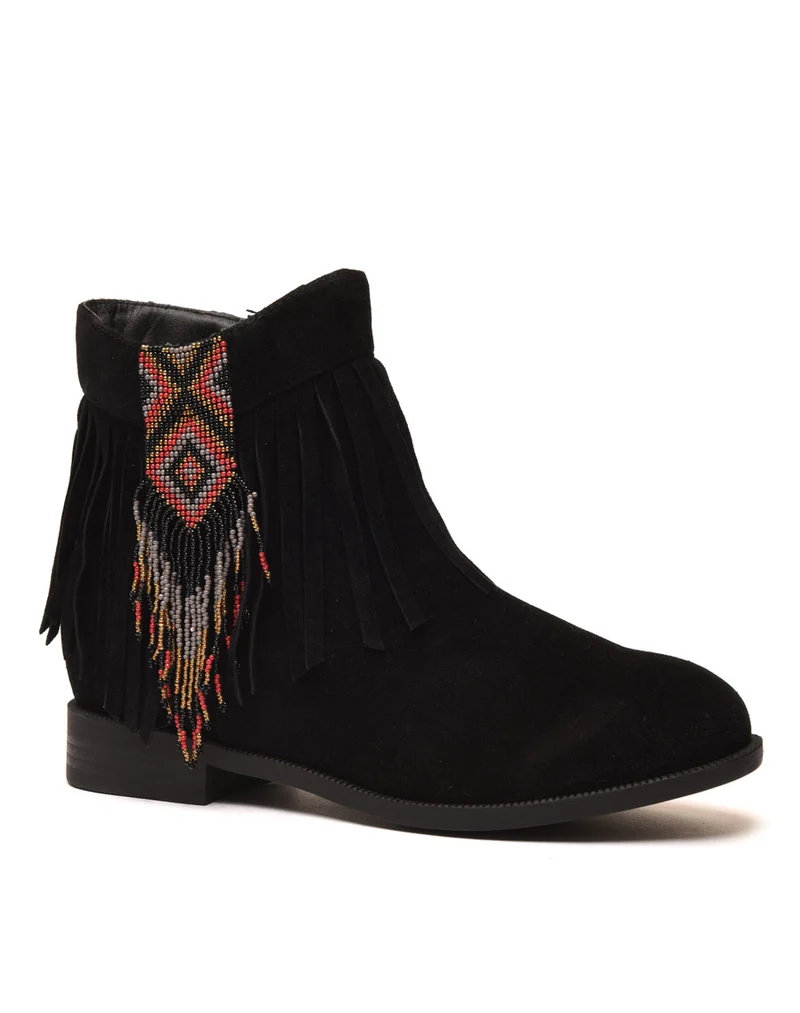 Bottines noires à franges et perles