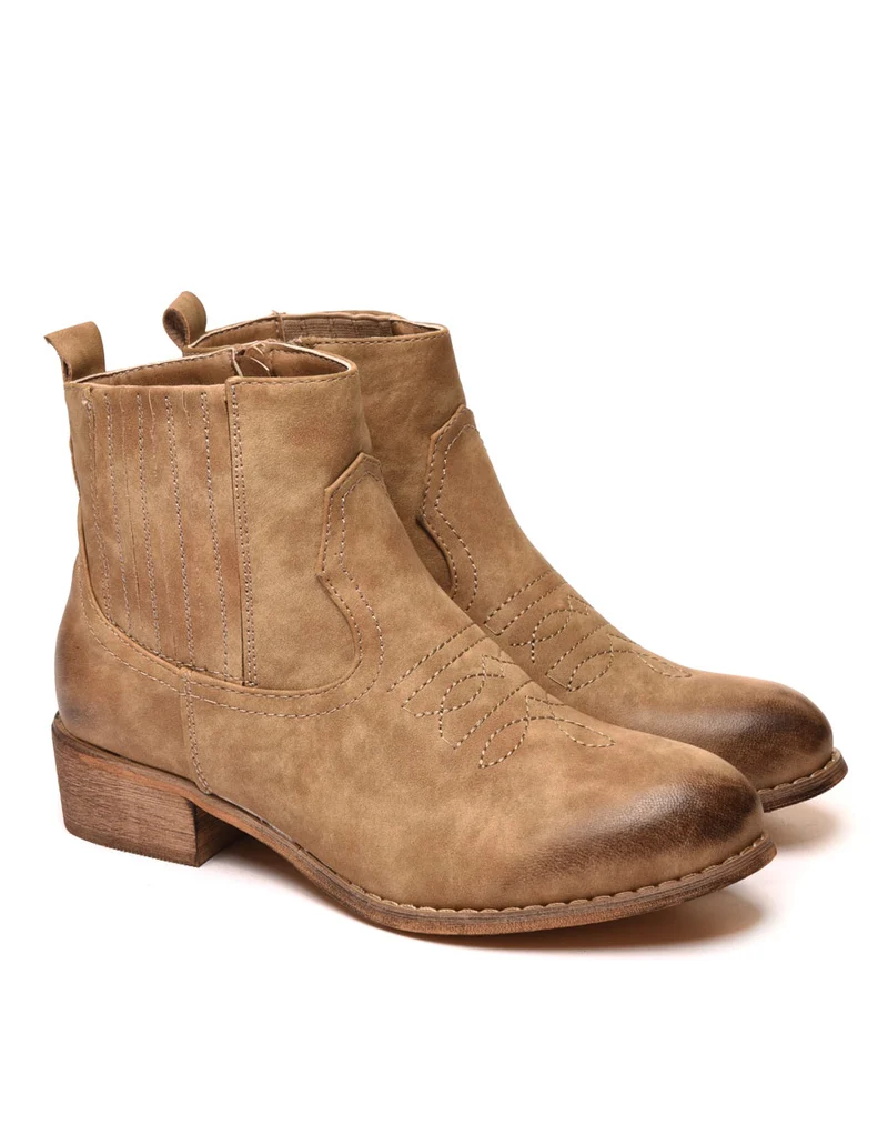 Bottines santiag taupes avec coutures décoratives