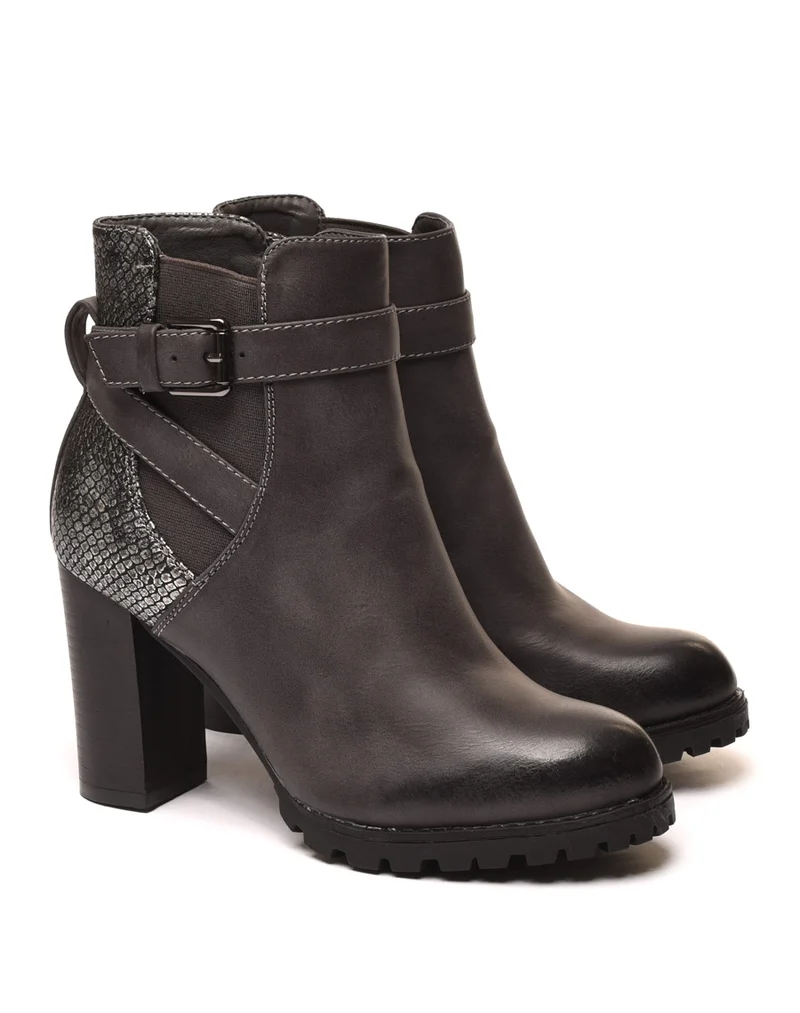 Bottines grises à talons bi matières à sangle décorative