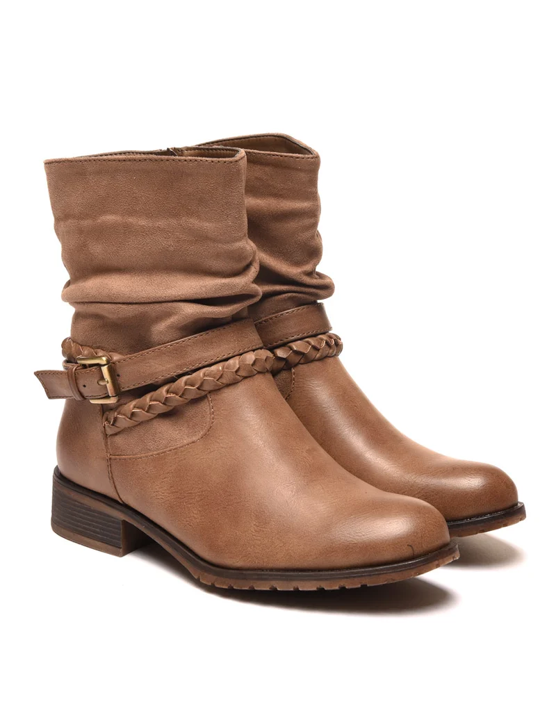 Bottines plates taupes avec lanières multiples et bi matières