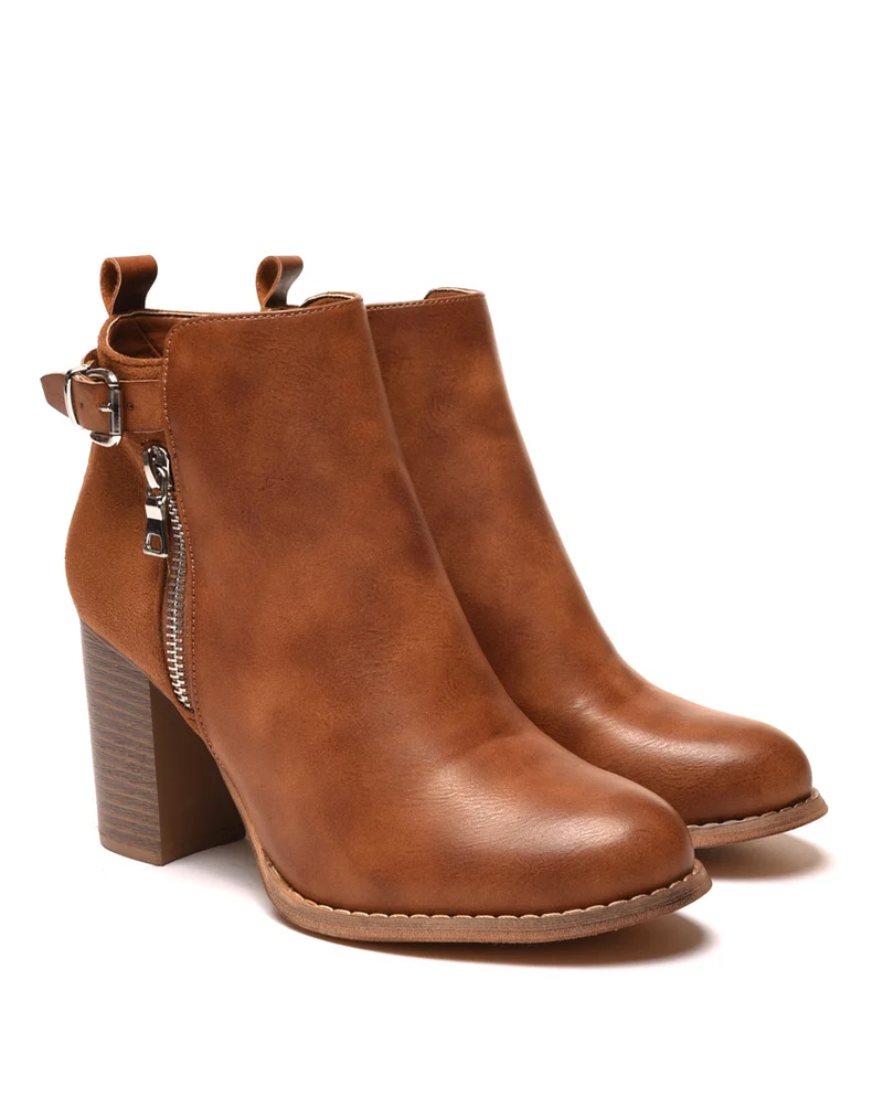 Bottines à talons camel bi matières avec sangle
