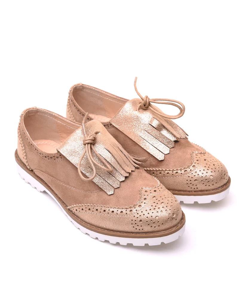 Derbies bi matières beige et champagne à franges