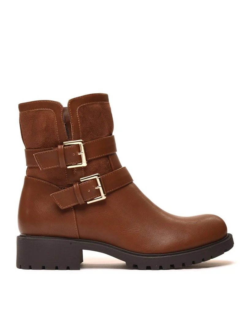 Bottines plates marron clair bi matières à sangles