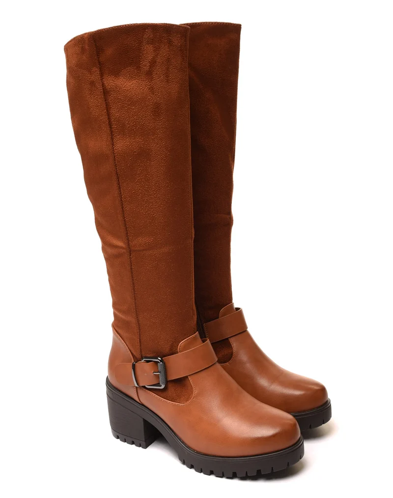 Bottes bi matières camel à talon mi haut