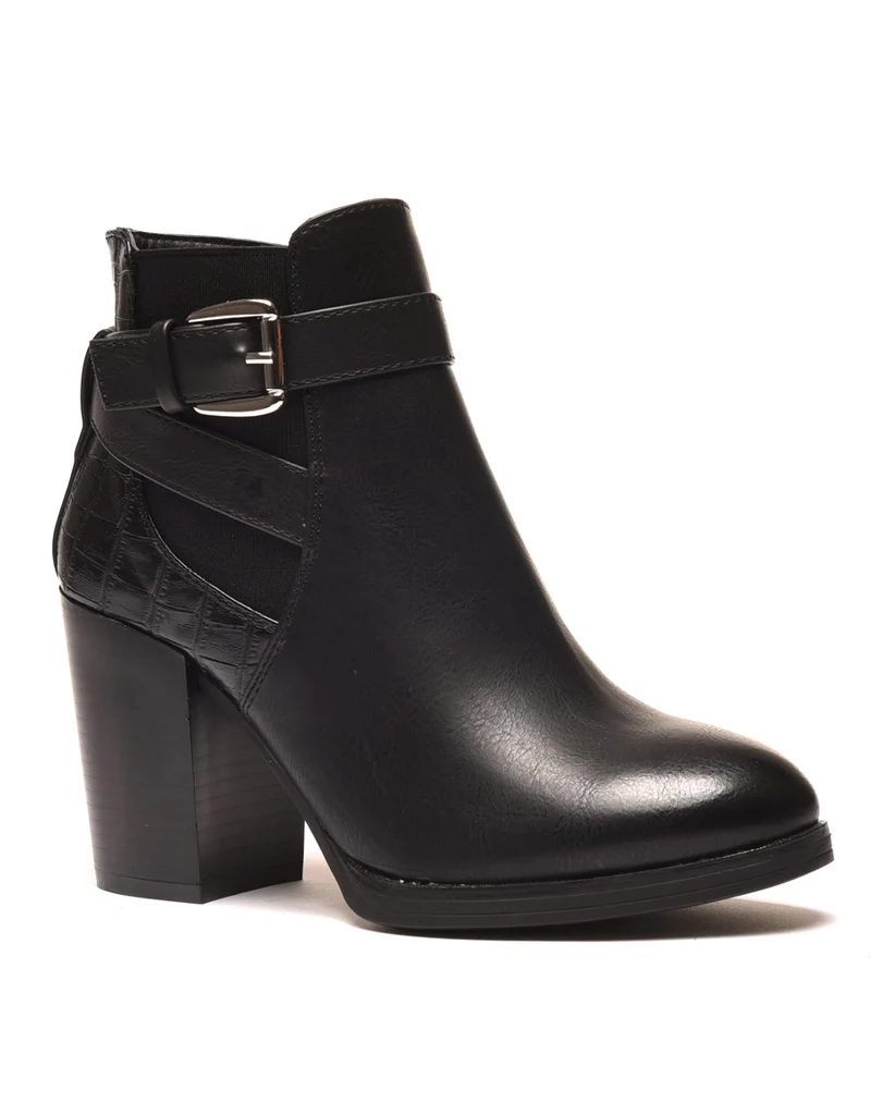 Bottines à talons noires avec lanière et détail crocodile